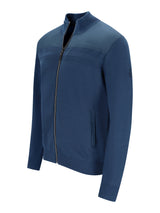 Navy blaue strickjacke mit struktur- und materialmix, zip-up, mit seitlichen eingriffstaschen und geripptem kragen und bündchen