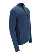 Navyblaue strickjacke mit zip, rippenkragen und -bündchen, feiner strukturmix und seitlichen eingriffstaschen