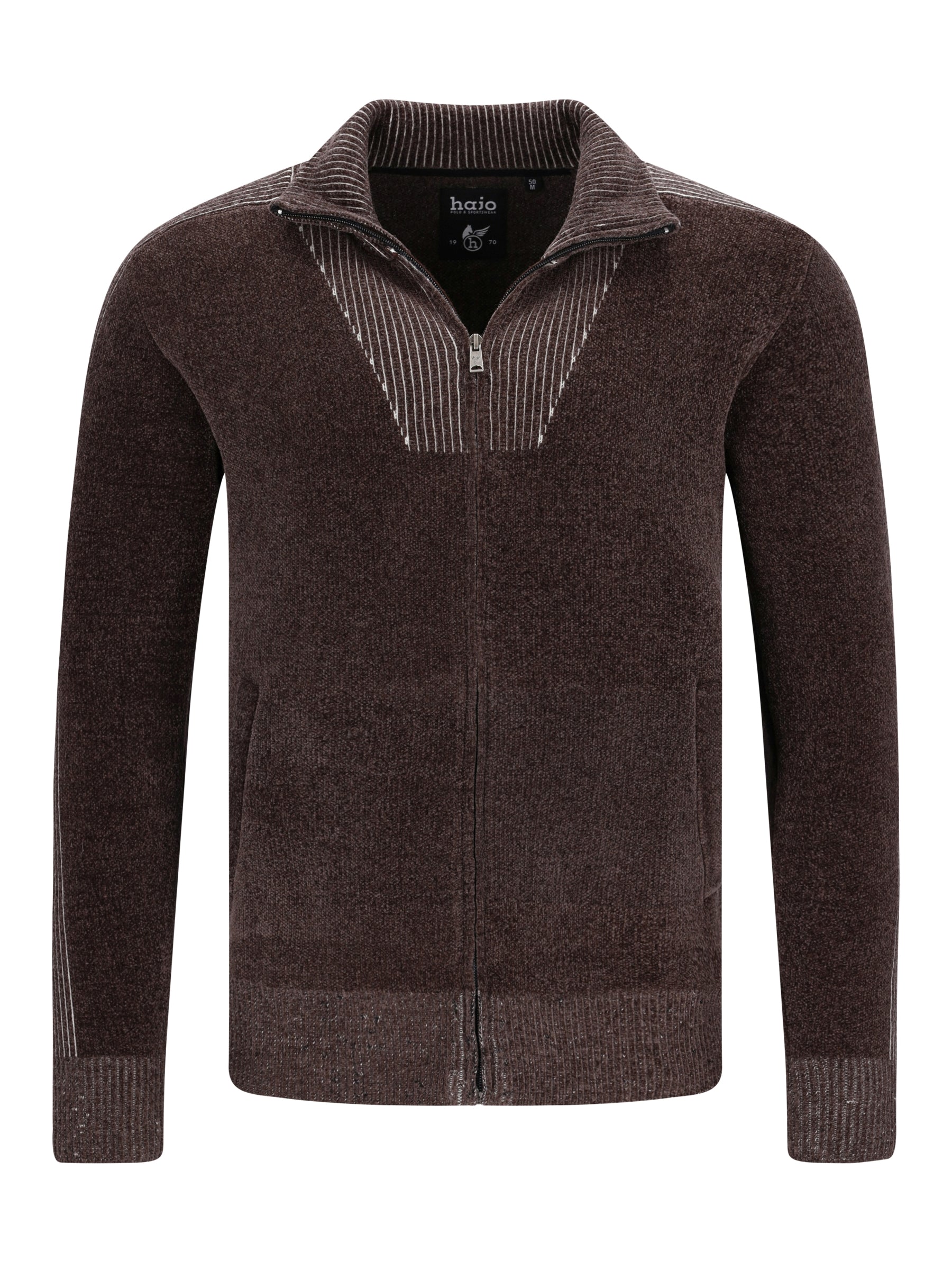 Braune chenille-strickjacke mit troyerkragen und kontraststreifen aus strukturierter strickware mit reißverschluss