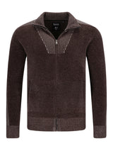 Braune chenille-strickjacke mit troyerkragen und kontraststreifen aus strukturierter strickware mit reißverschluss