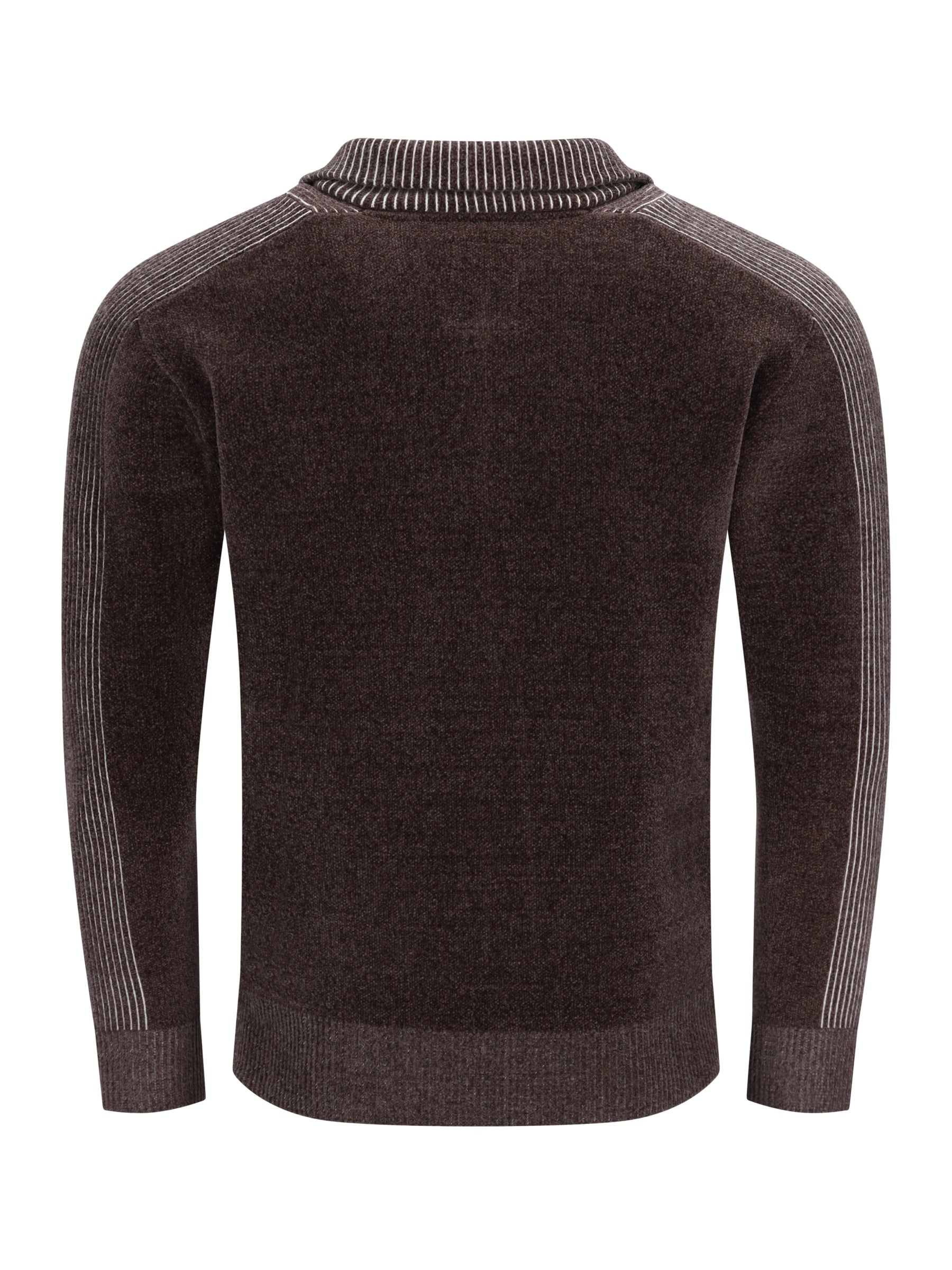 Dunkelbraune chenille-strickjacke mit troyerkragen und kontrastierenden hellgrauen senkrechten streifen an den ärmeln