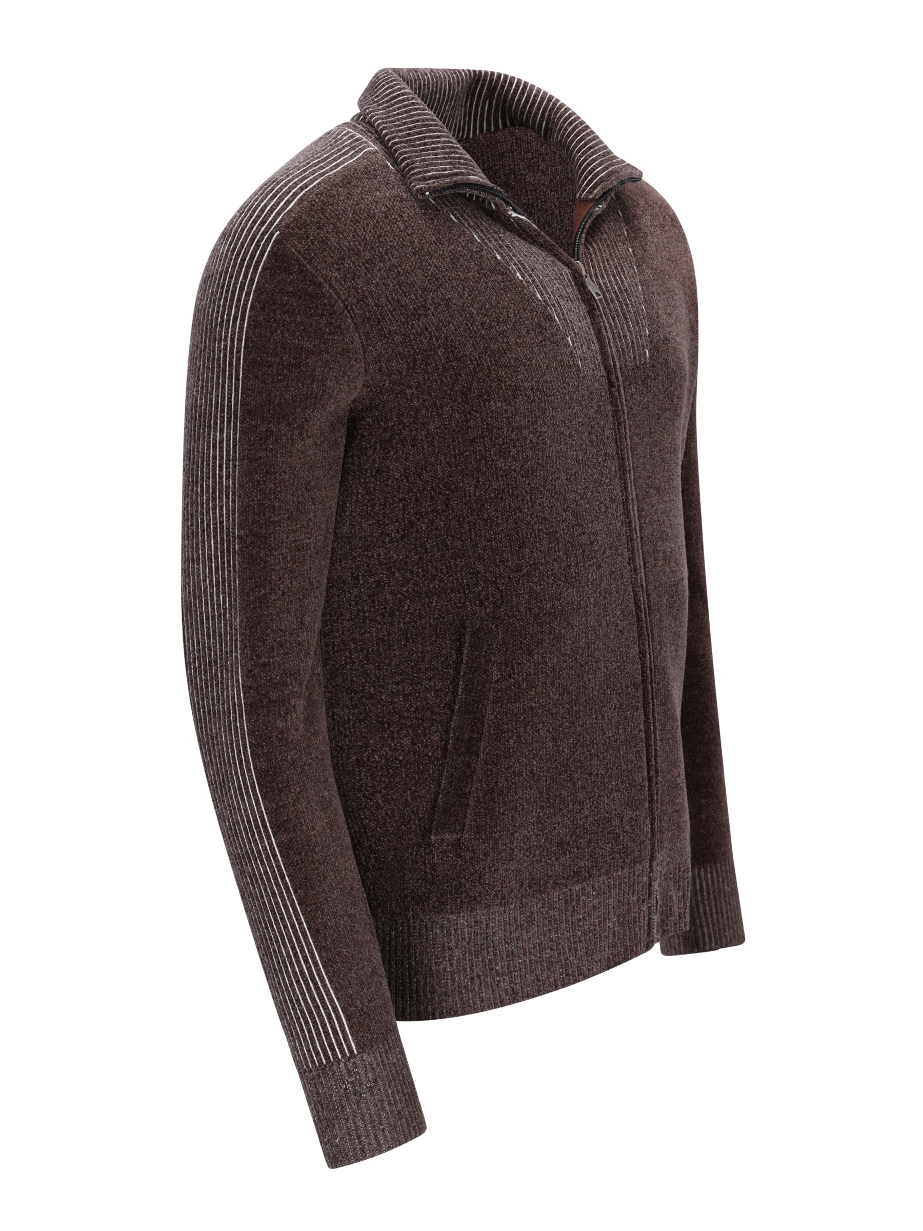 Dunkelbraune chenille strickjacke mit troyerkragen und dezenten vertikalen streifen an ärmeln und kragen