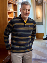 Leichtsweatshirt mit querverlaufendem jacquardstreifen allover in marineblau und gold mit langärmeligem poloshirt design