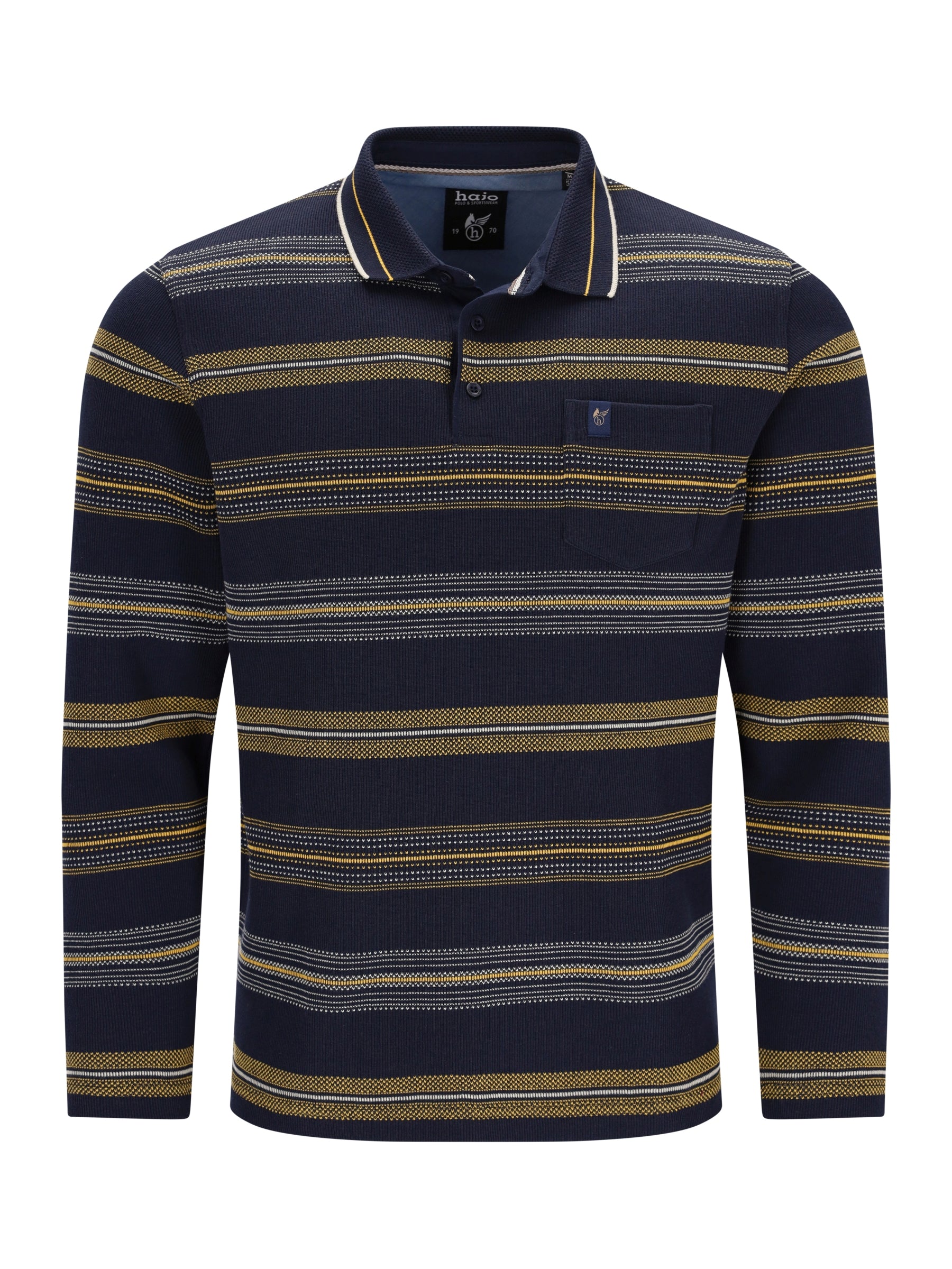 Navyblaues langarm-polo mit querverlaufendem jacquardstreifen in gold und weiß, geripptem stoff und brusttasche