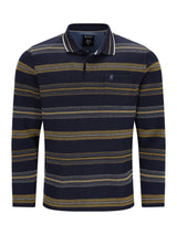 Navyblaues langarm-polo mit querverlaufendem jacquardstreifen in gold und weiß, geripptem stoff und brusttasche