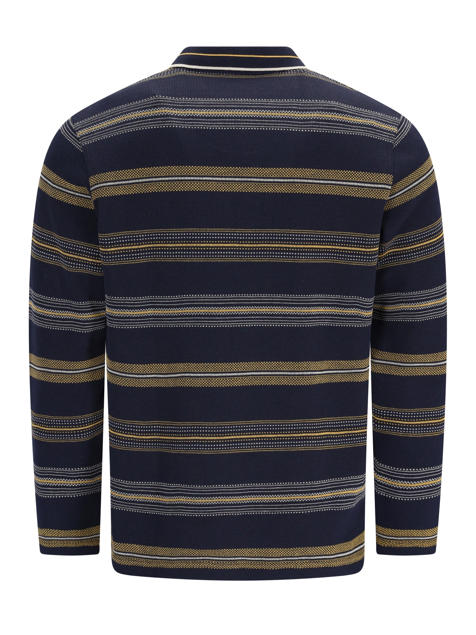 Leichtes sweatshirt mit querverlaufendem jacquardstreifen aus navyblauem und gold gestreiftem strick mit rippenkragen