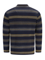 Leichtes sweatshirt mit querverlaufendem jacquardstreifen aus navyblauem und gold gestreiftem strick mit rippenkragen