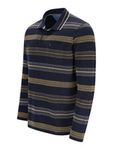 Leichtes navyblaues langarm-polo mit querverlaufendem jacquardstreifen in gold und weiß mit rippenstruktur und brusttasche