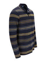 Navy blaues leichtsweatshirt mit querverlaufendem jacquardstreifen allover und langärmeligem poloshirt mit tasche