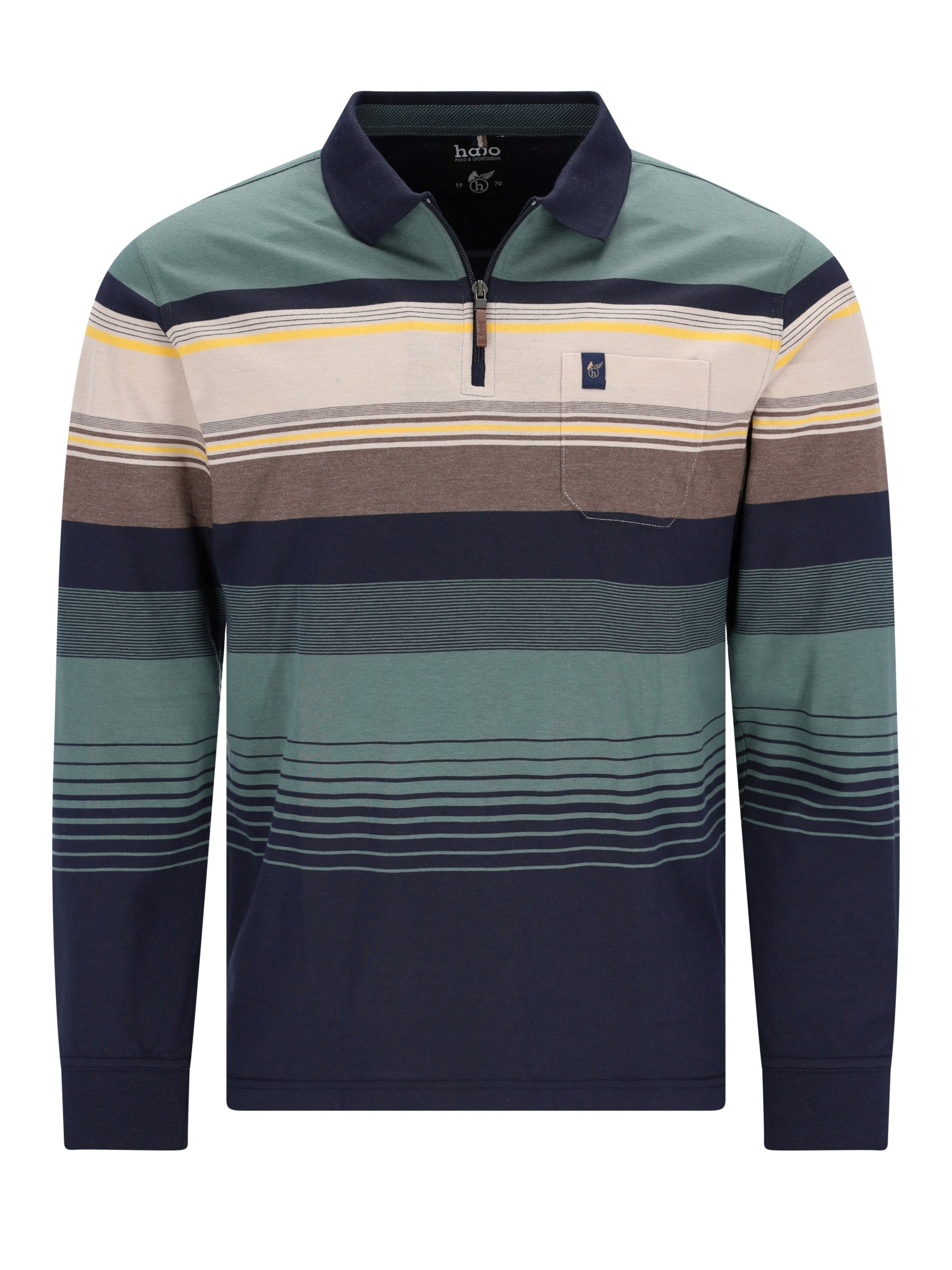 Herren poloshirt mit langarm, halbzipper kragen und garngefärbtem ringelstreifendessin in stay fresh qualität