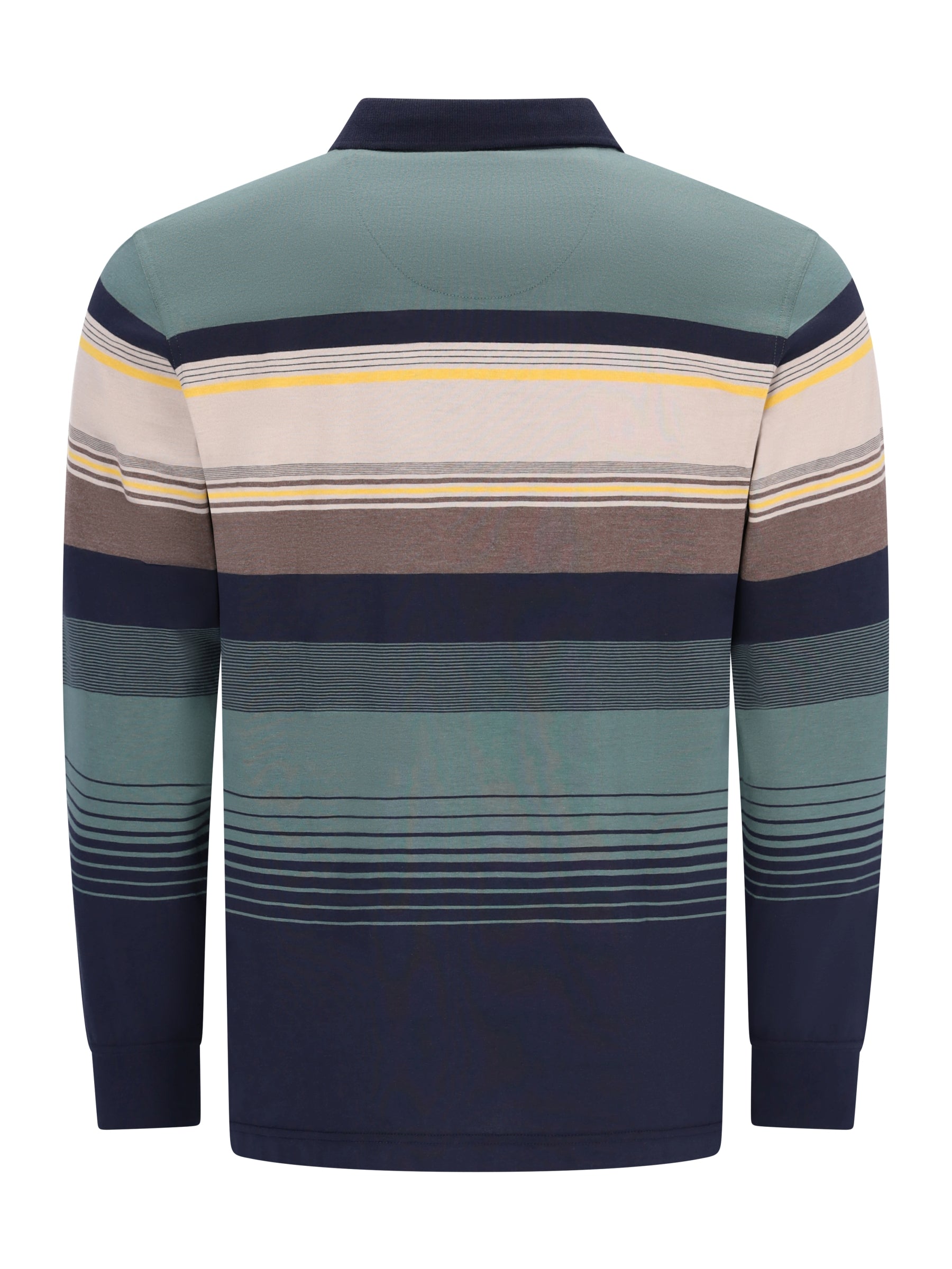 Herren langarm poloshirt mit garngefärbtem ringel streifendessin in teal navy beige und gelb in stay fresh qualität