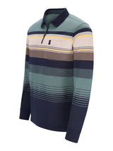 Poloshirt herren langarm mit garngefärbtem ringelstreifendessin in petrol navy beige gelb und kontrastkragen