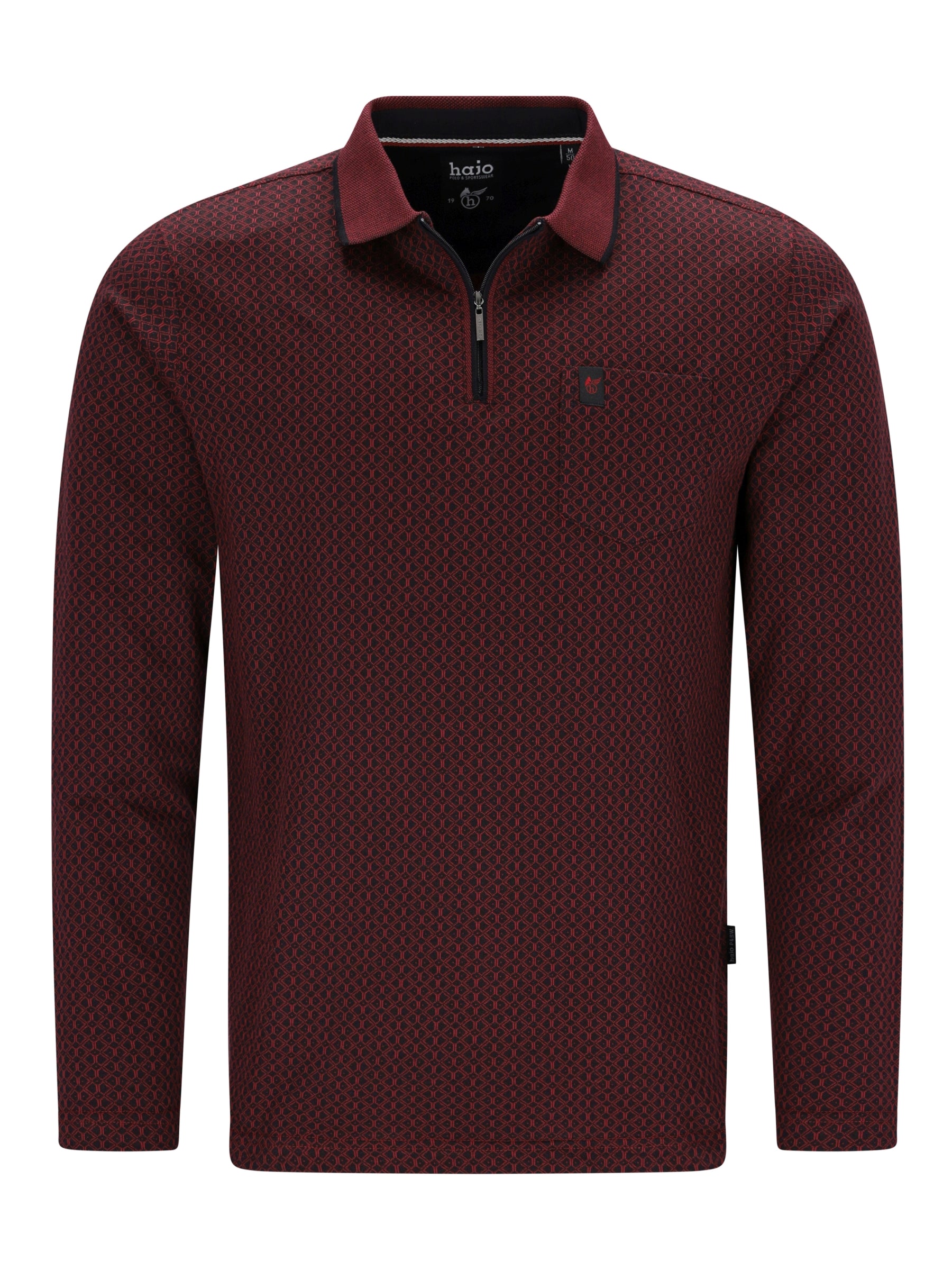 Maroon jacquard poloshirt mit flachstrickkragen und schwarzem reißverschluss für einen frischen look