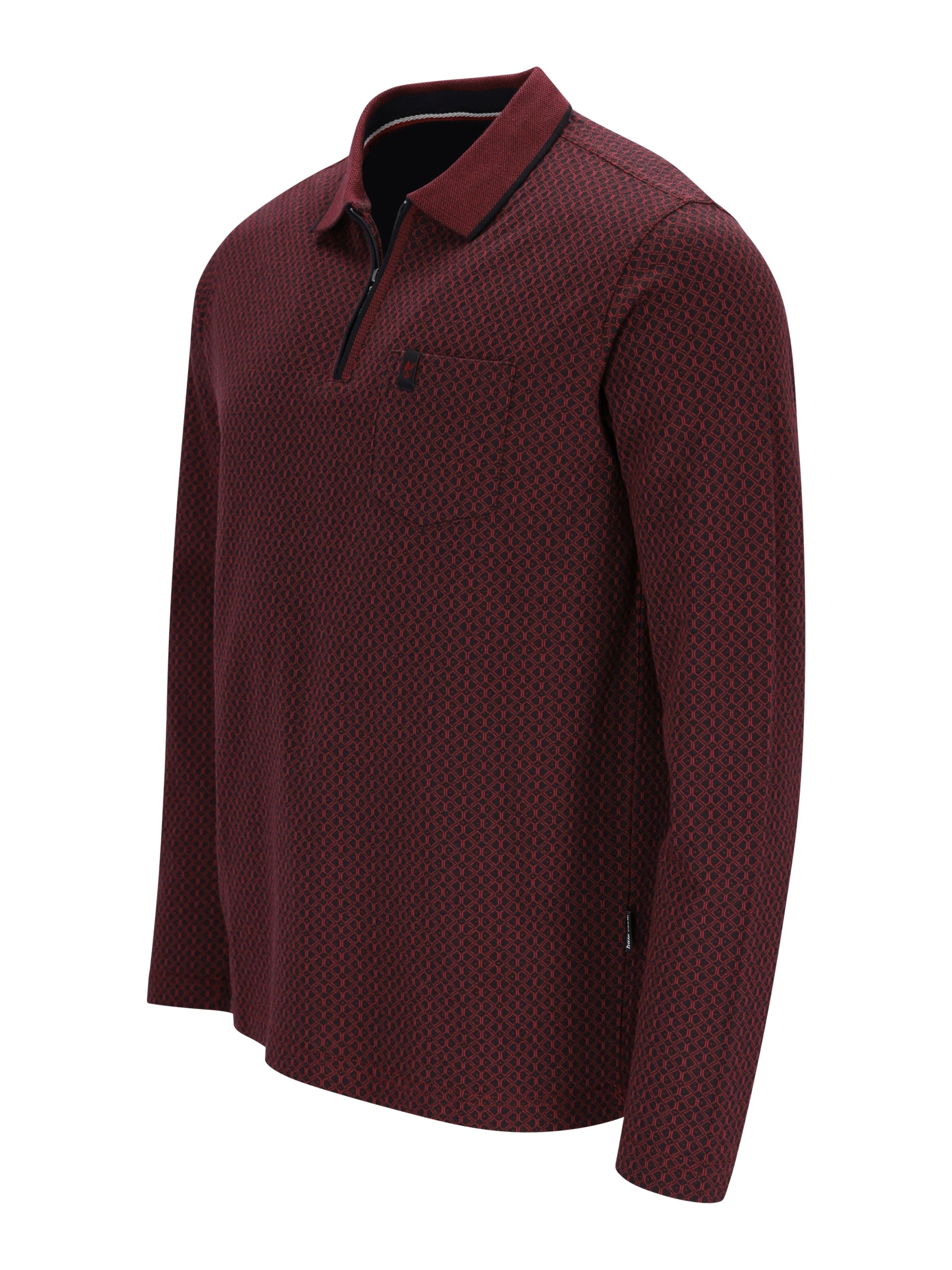 Maroon jacquard poloshirt mit flachstrickkragen und reißverschluss in geometrischem muster für einen frischen look
