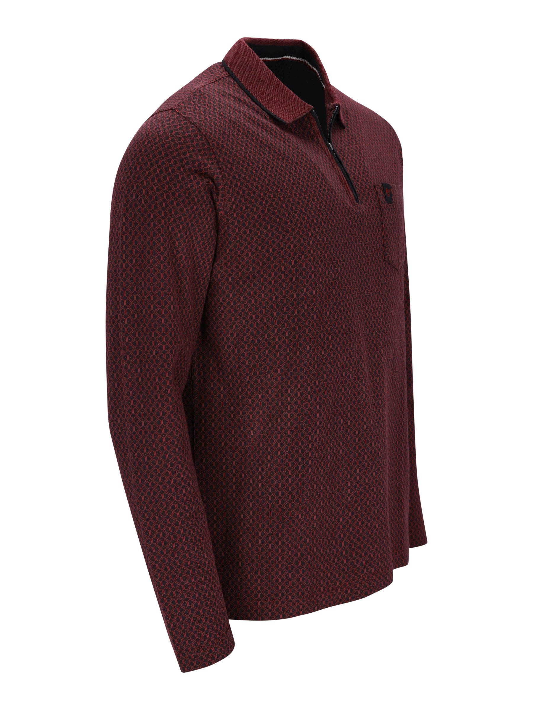 Maroon jacquard-polo-shirt mit flachstrickkragen und reißverschluss in strukturiertem muster und schwarzem innenkragen