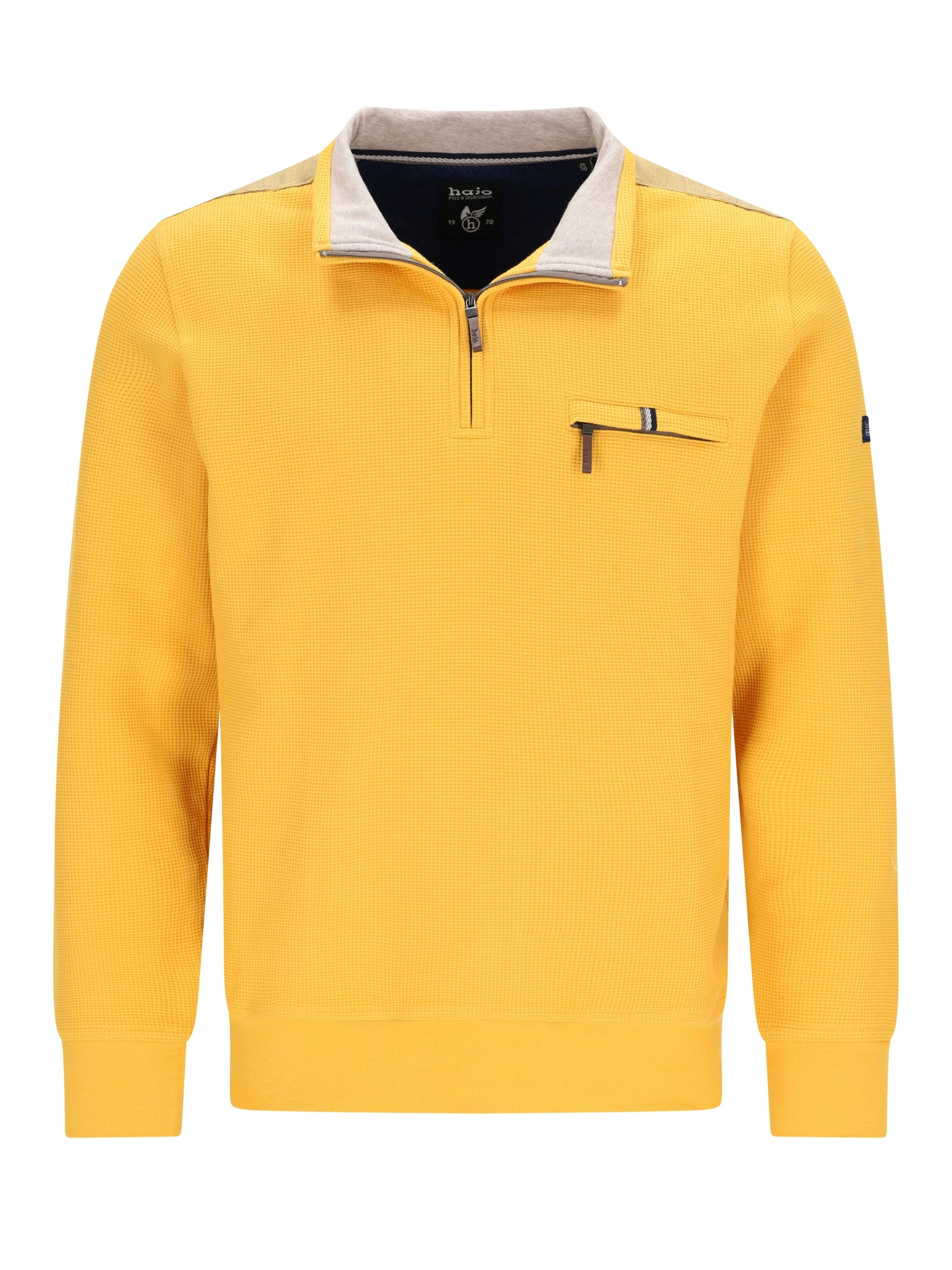 Bright gelber waffle-knit troyersweatshirt mit kontrastierendem hellgrauem kragen und marineblauer innenseite