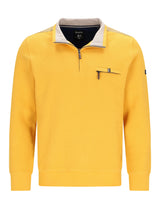Bright gelber waffle-knit troyersweatshirt mit kontrastierendem hellgrauem kragen und marineblauer innenseite