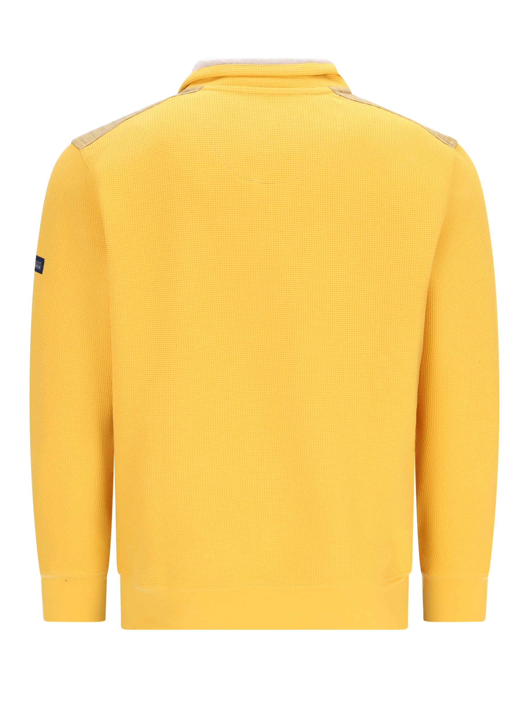Gelber Troyersweatshirt in Mini-Waffelstruktur mit beigen Schulterpanelen und kleinem schwarzem Logo auf dem linken Ärmel