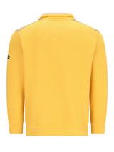 Gelber Troyersweatshirt in Mini-Waffelstruktur mit beigen Schulterpanelen und kleinem schwarzem Logo auf dem linken Ärmel