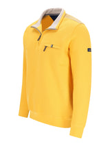 Bright gelber waffle-strick troyersweatshirt mit kontrastierendem beigen kragen und ärmelpaneelen
