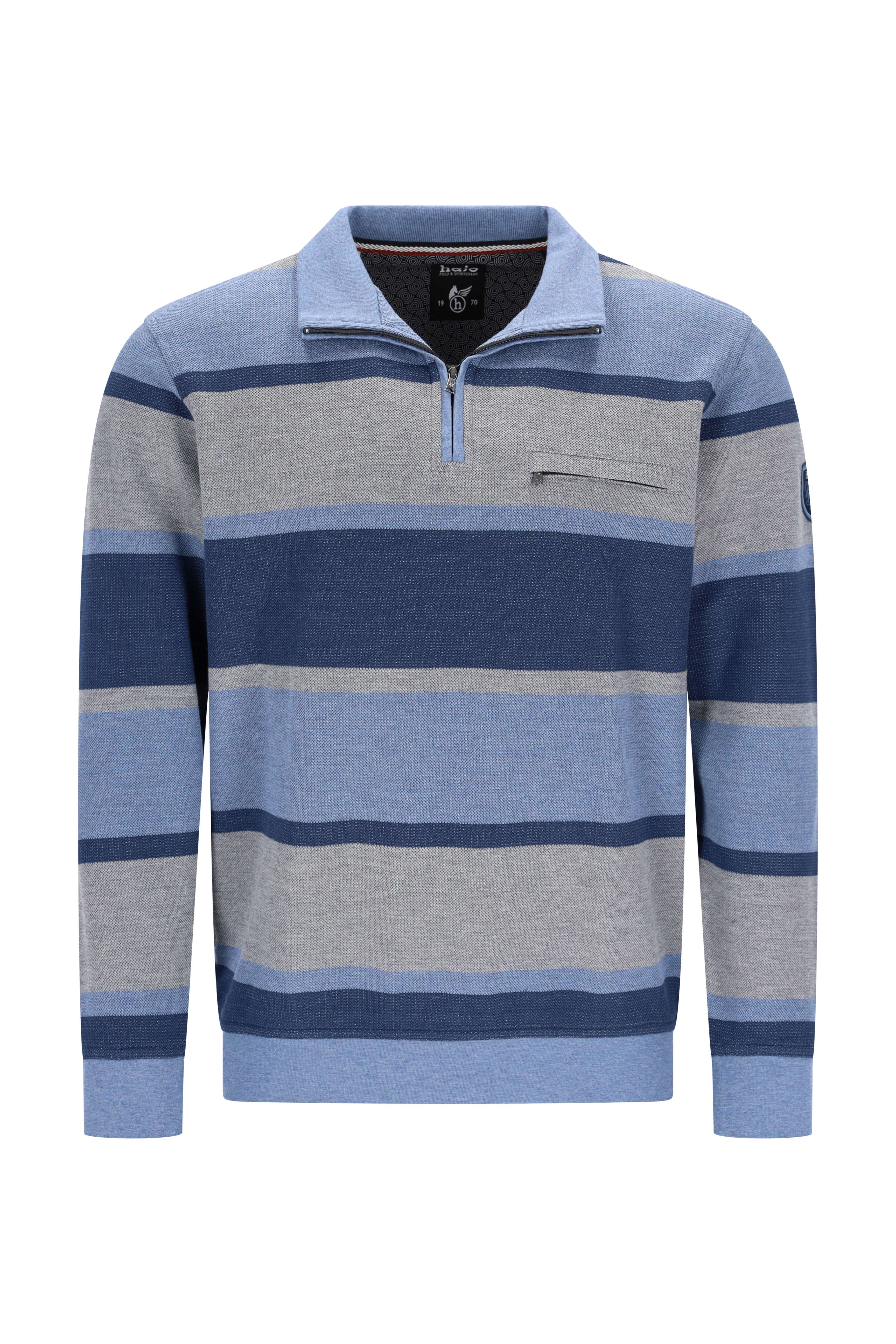 Blau-grau gestreifter pikee sweatshirt mit langarm und troyerkragen aus zweiton mit rippenbündchen