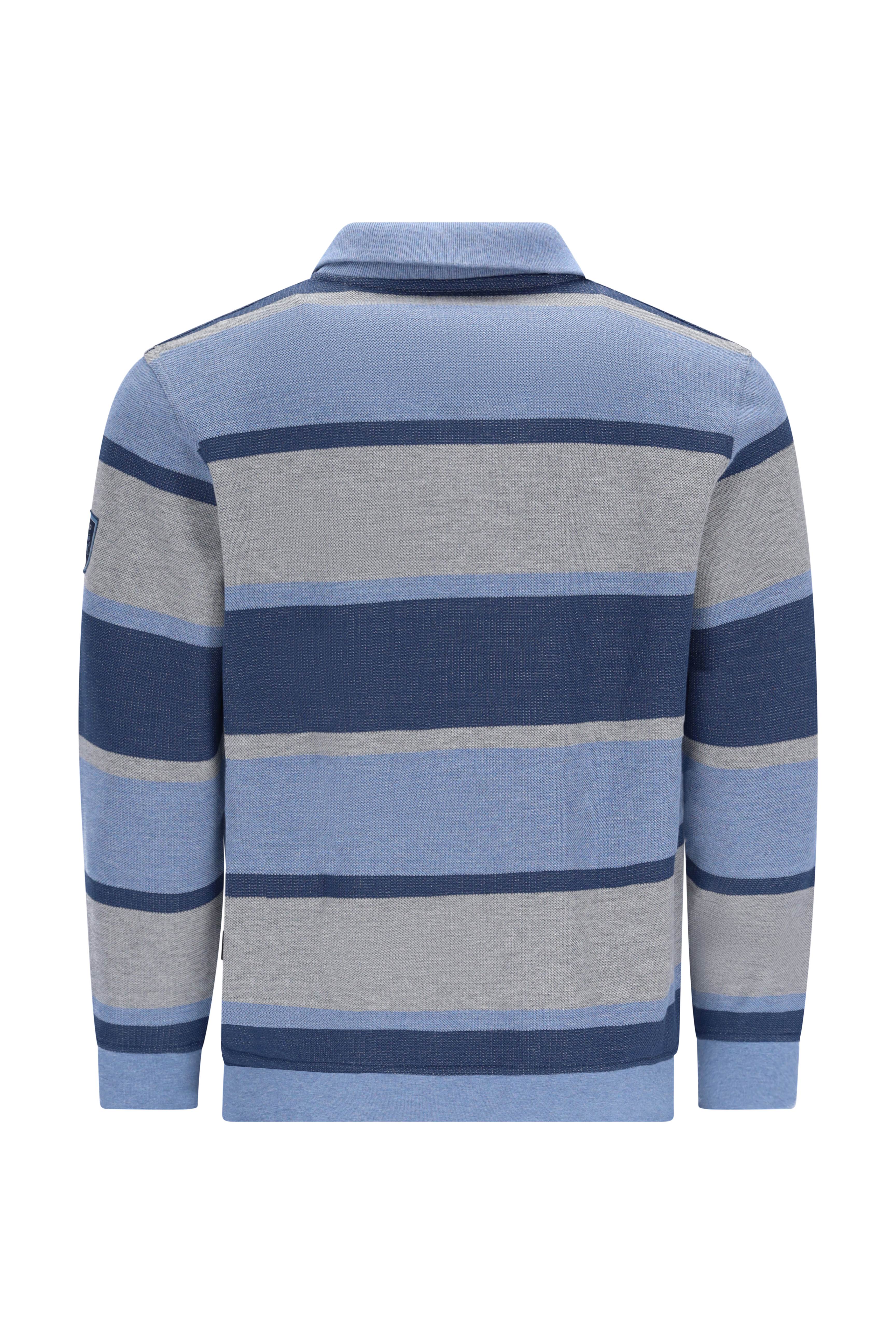Blau-grau gestreiftes pikee-sweatshirt mit zweiton und troyerkragen aus strick mit rippenkragen