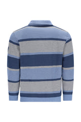 Blau-grau gestreiftes pikee-sweatshirt mit zweiton und troyerkragen aus strick mit rippenkragen