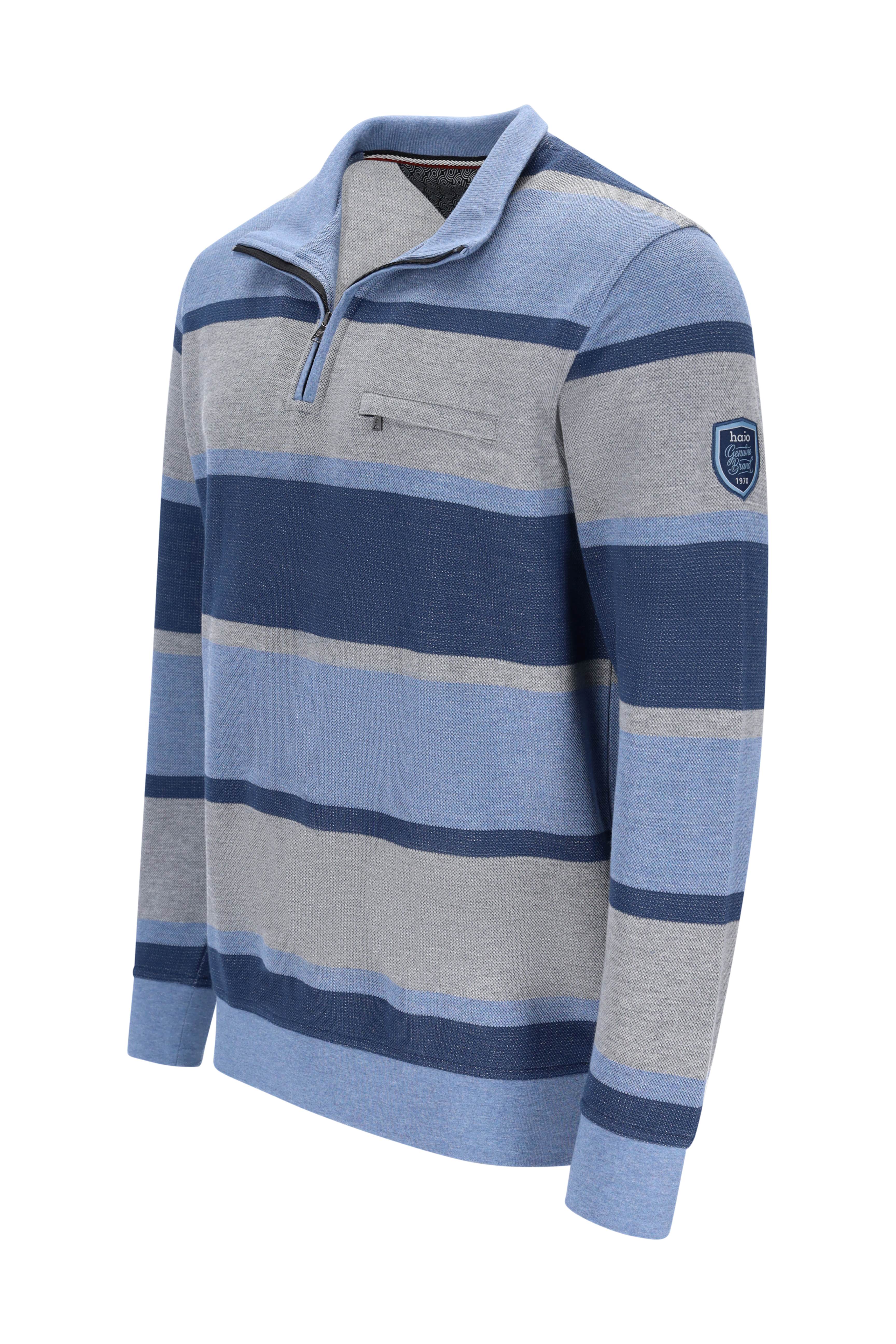 Blau-grau gestreifter pikee-sweatshirt mit troyerkragen und strukturierter strickqualität