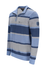 Blau-grau gestreifter pikee-sweatshirt mit troyerkragen und strukturierter strickqualität