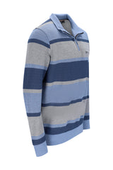 Men long-sleeved pikee sweatshirt in zweiton with troyer collar featuring blue and gray horizontal stripes and ribbed cuffs