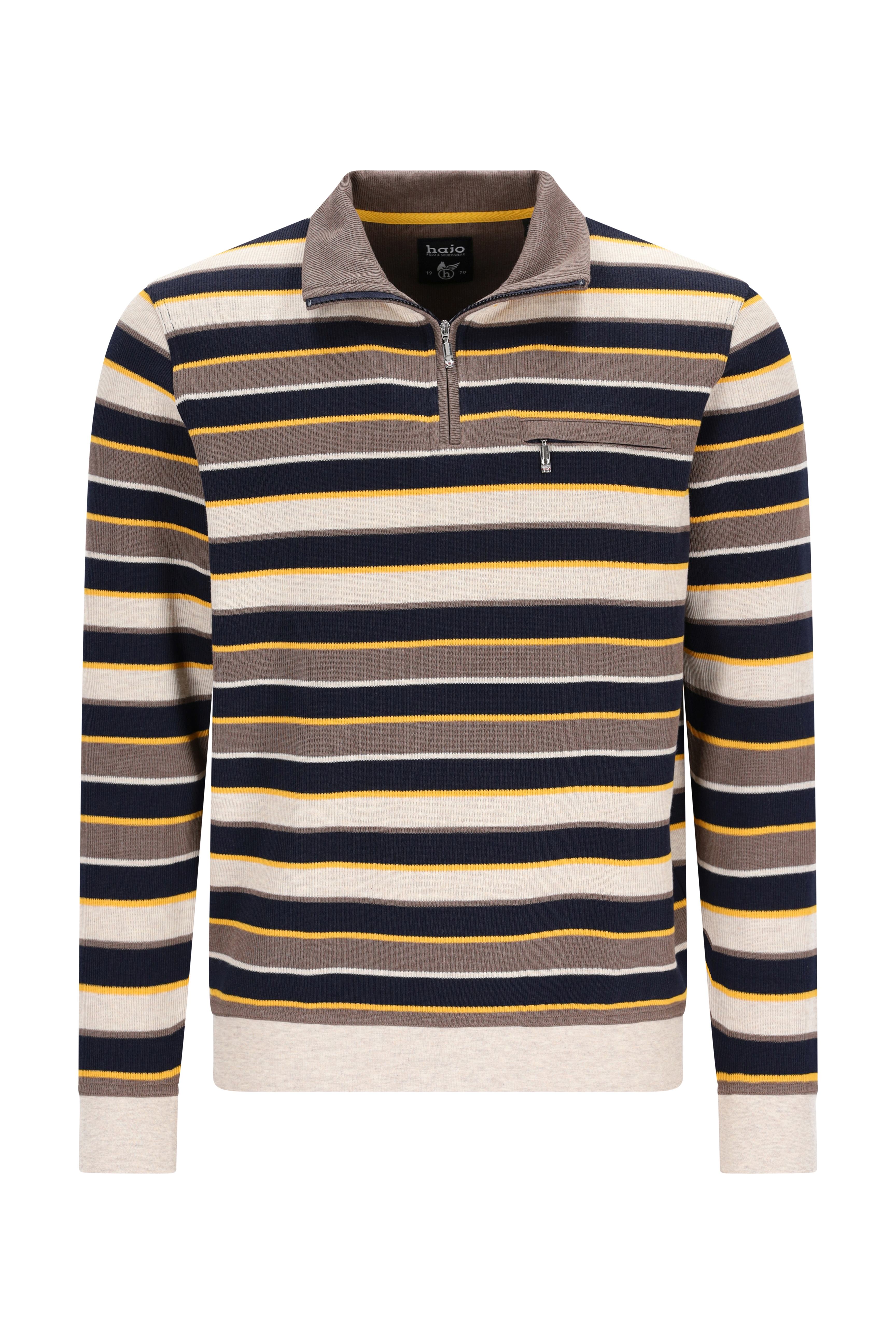Männer troyersweatshirt in multicolor-streifen allover mit halbzipper in marine, beige und senfgelb mit geripptem kragen und bündchen