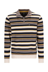 Männer troyersweatshirt in multicolor-streifen allover mit halbzipper in marine, beige und senfgelb mit geripptem kragen und bündchen