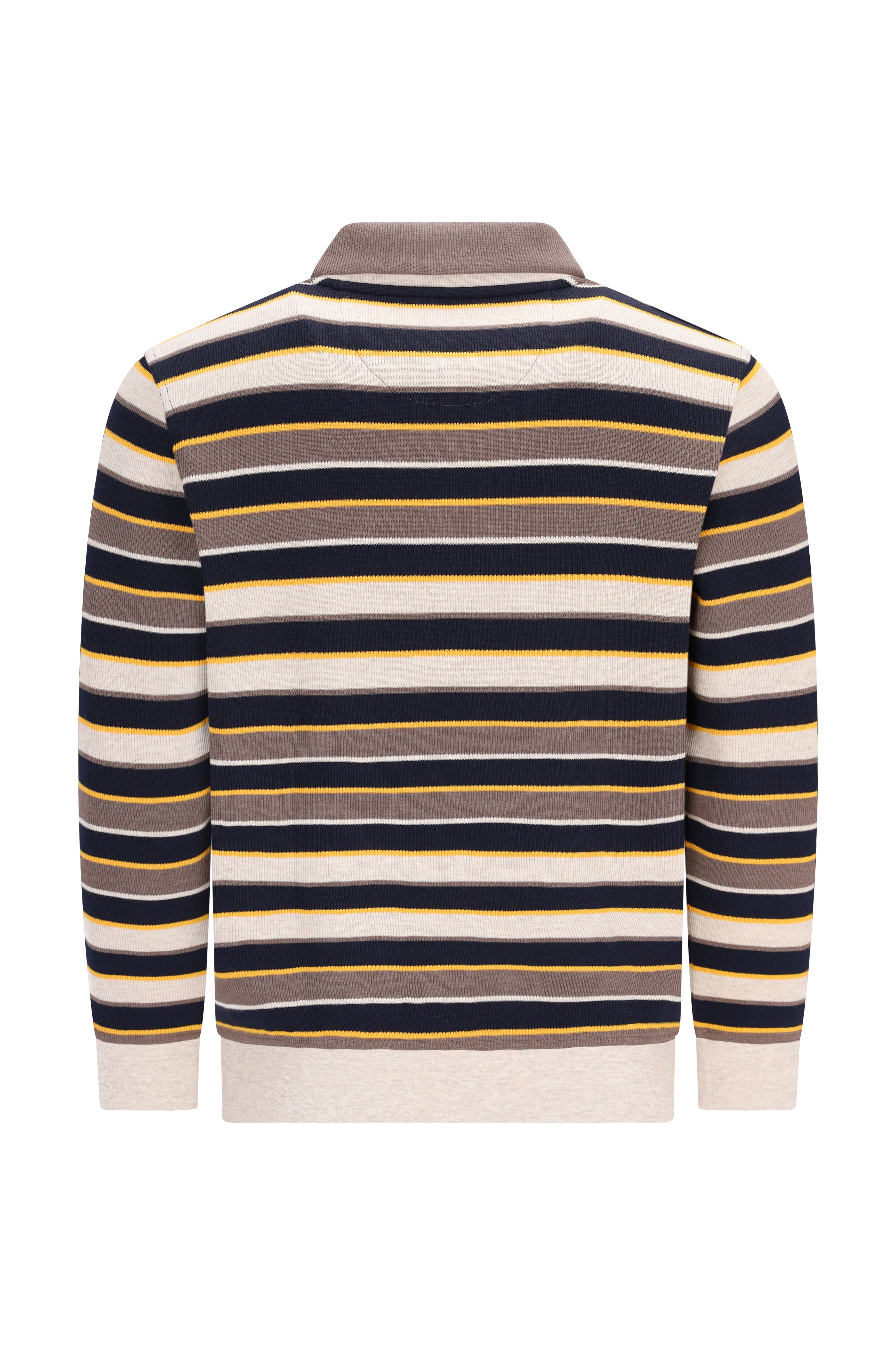 Gestreiftes langarm-poloshirt troyersweatshirt in multicolor-streifen allover aus gestricktem stoff in marine blau beige senf und creme