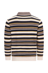Gestreiftes langarm-poloshirt troyersweatshirt in multicolor-streifen allover aus gestricktem stoff in marine blau beige senf und creme