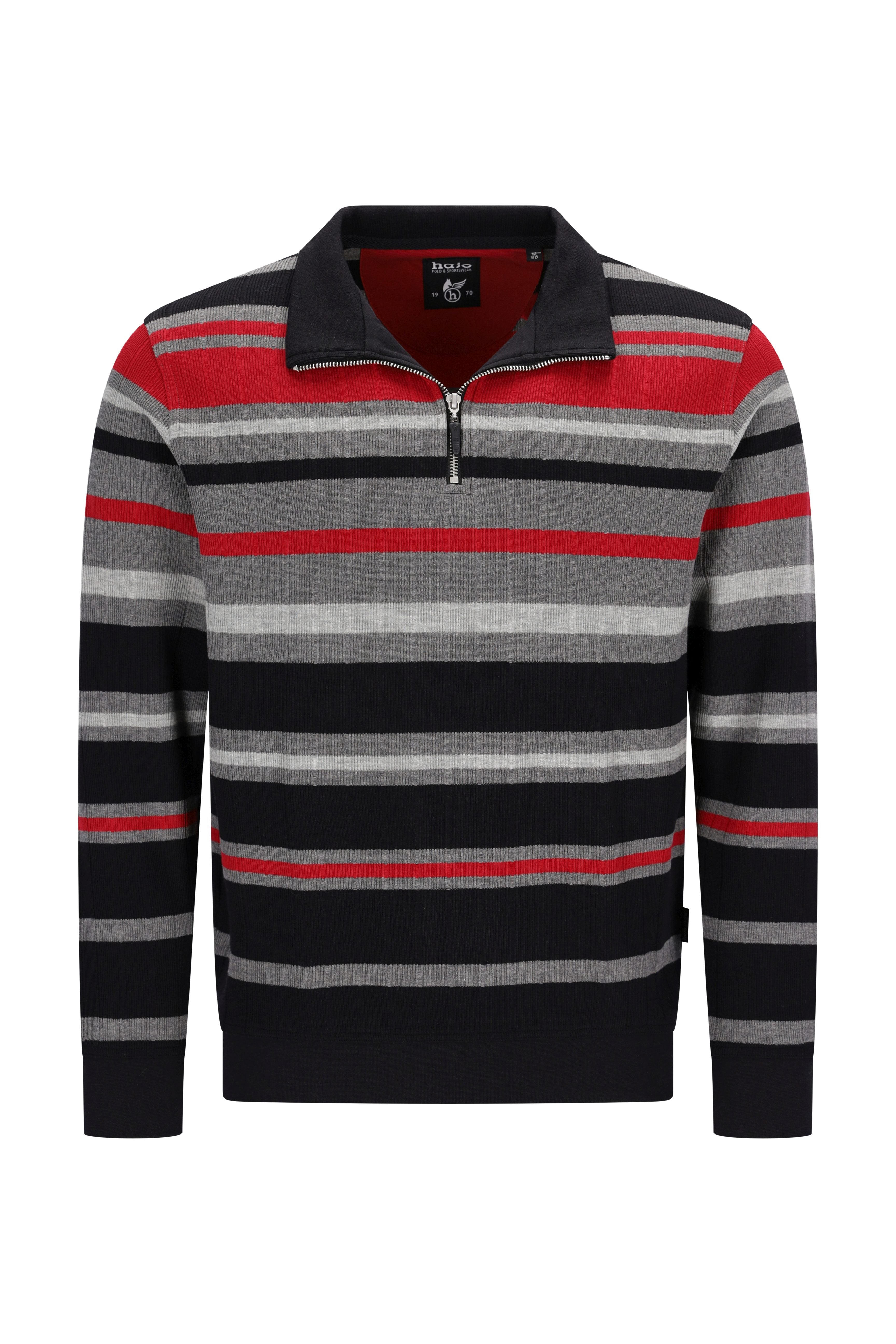 Herren-troyersweatshirt mit halbem reißverschluss und breiten horizontalen streifen in schwarz grau und rot mit kontrastierendem kragen