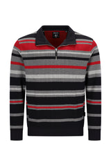 Herren-troyersweatshirt mit halbem reißverschluss und breiten horizontalen streifen in schwarz grau und rot mit kontrastierendem kragen