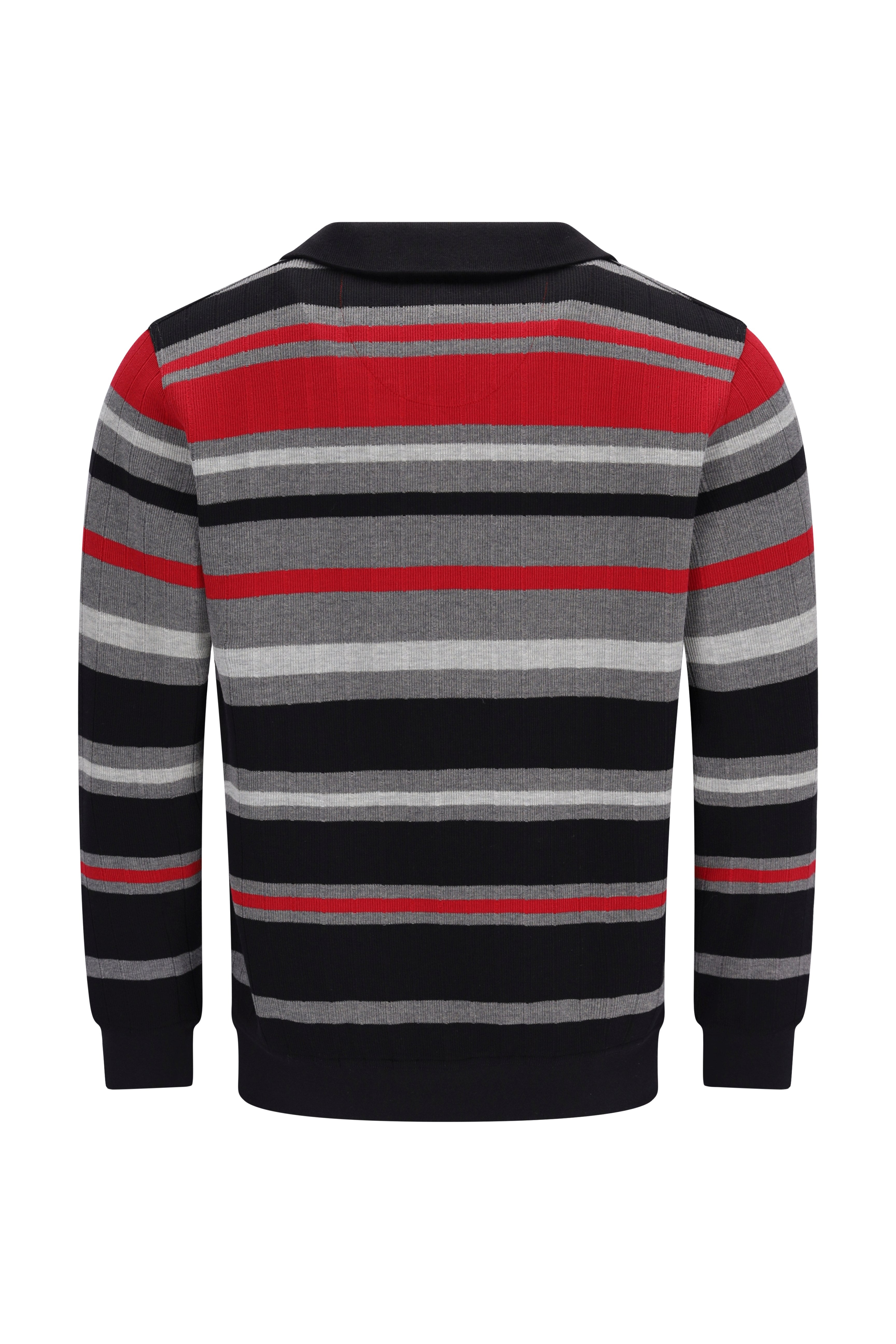 Herren troyersweatshirt allover gestreift mit längs verlaufendem nadelzug in schwarz rot und grau mit kragen