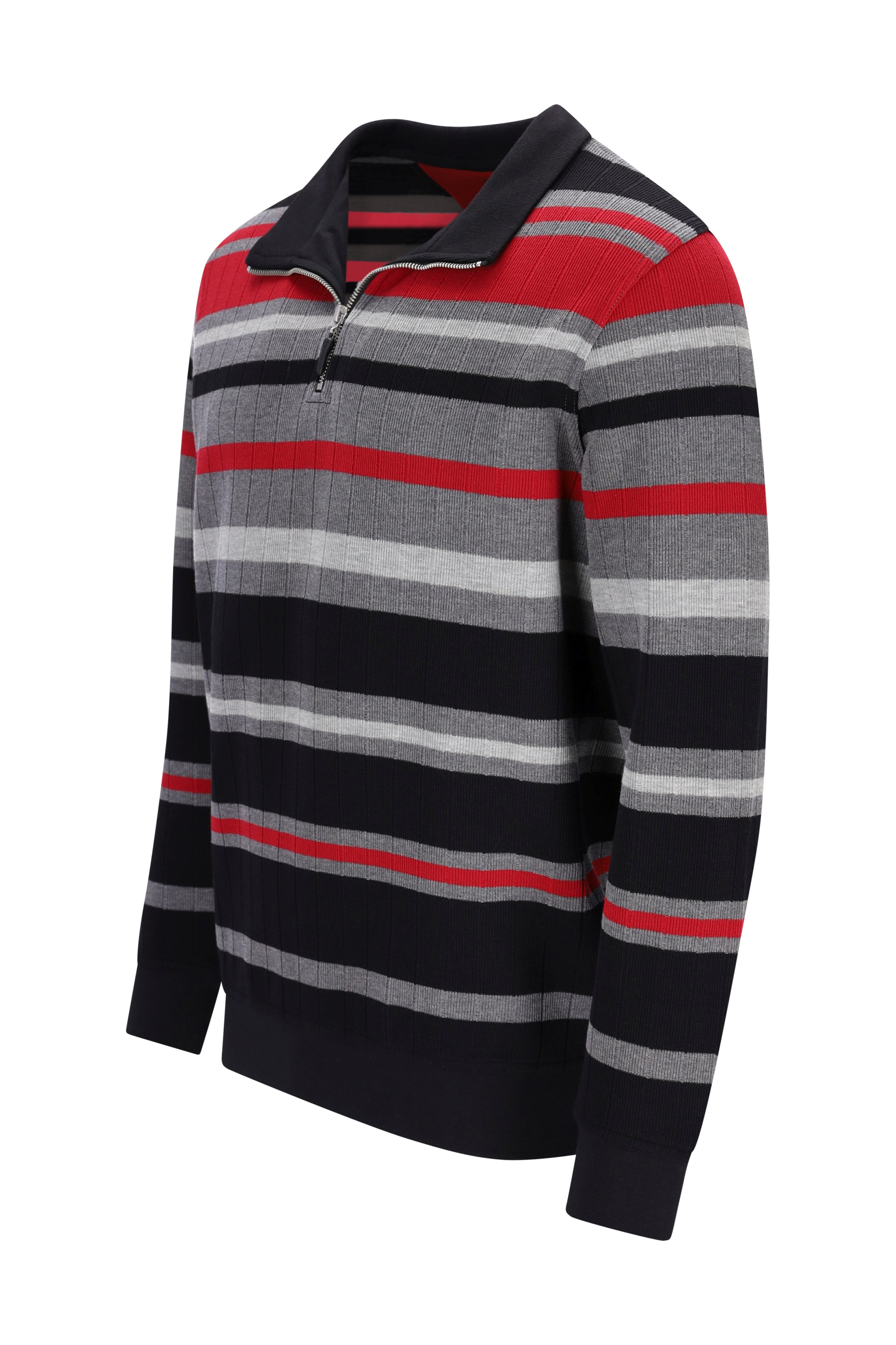 Herren langarm polo sweatshirt troyersweatshirt allover gestreift mit schwarzem kragen und reißverschluss in rot grau marine