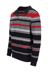 Herren langarm polo sweatshirt troyersweatshirt allover gestreift mit schwarzem kragen und reißverschluss in rot grau marine