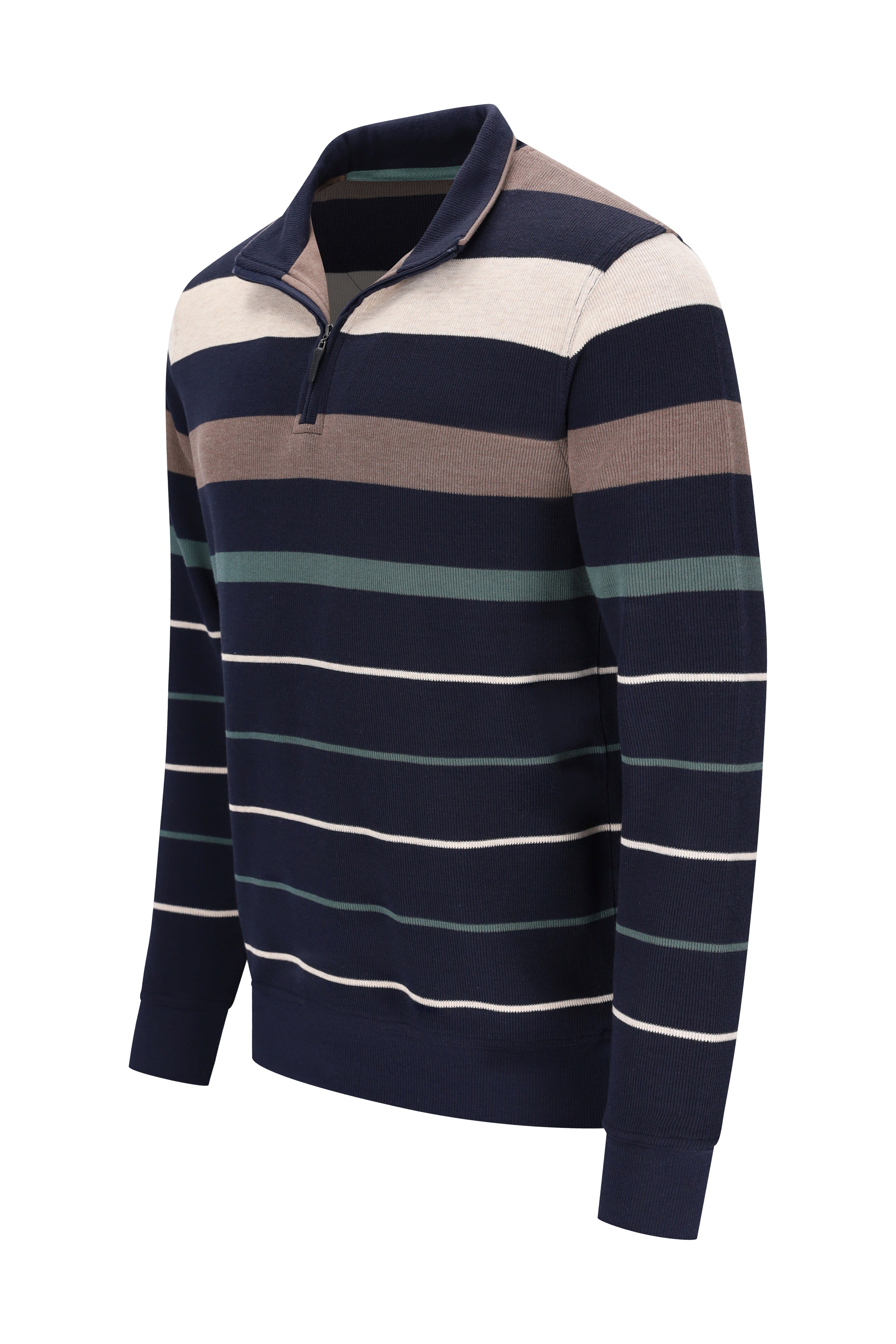 Navyblauer beige und petrol gestreifter troyersweatshirt mit garngefärbten platzierten streifen und rippenstrickbündchen