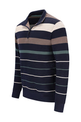 Navyblauer beige und petrol gestreifter troyersweatshirt mit garngefärbten platzierten streifen und rippenstrickbündchen