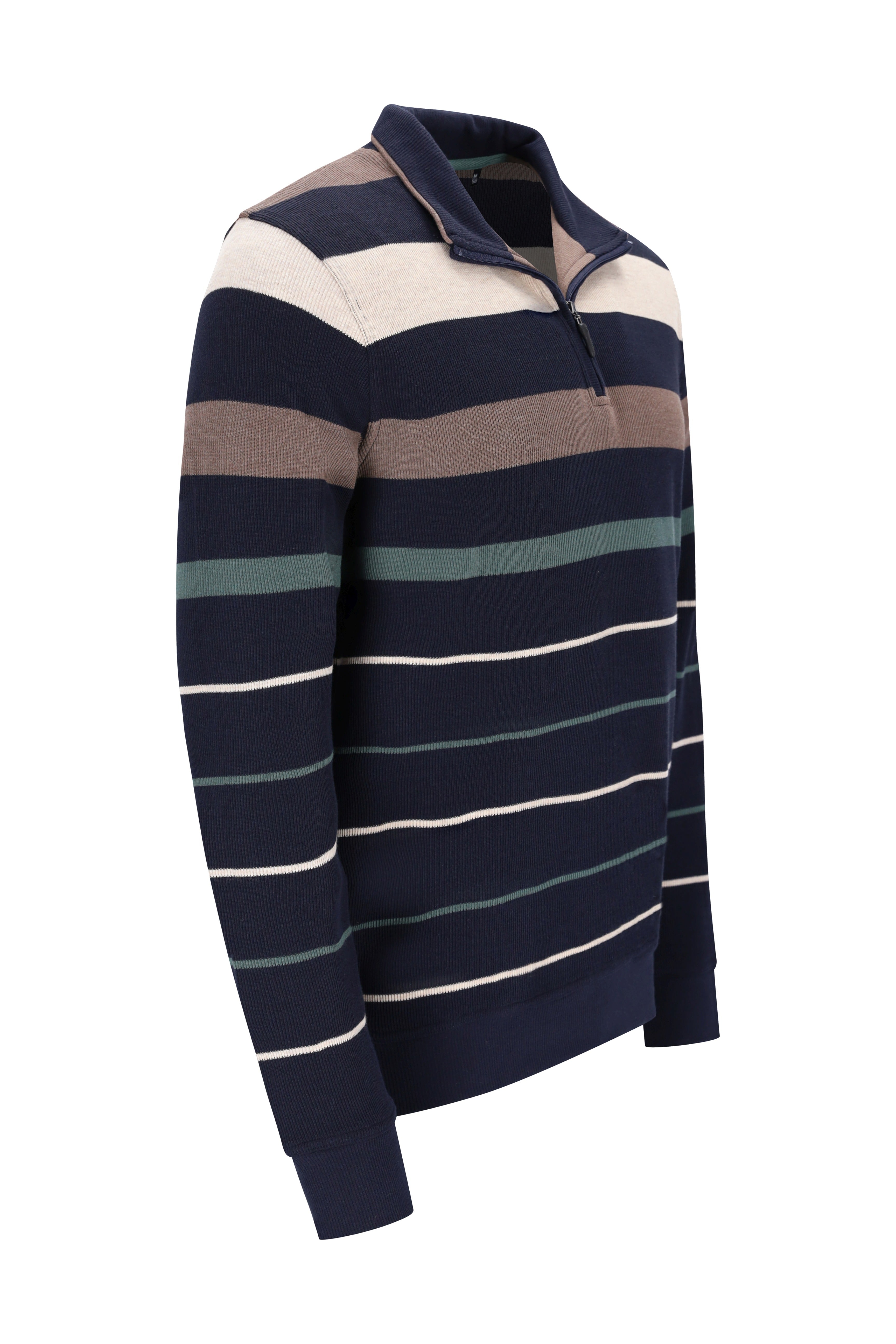 Navyblauer beiger und teal gestreifter troyersweatshirt mit garngefärbten platzierten streifen und rippenbündchen