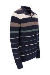 Navyblauer beiger und teal gestreifter troyersweatshirt mit garngefärbten platzierten streifen und rippenbündchen