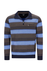 Ein herren langarm troyersweatshirt mit 1/4-reißverschluss, navy kragen und manschetten in blau braun gestreift