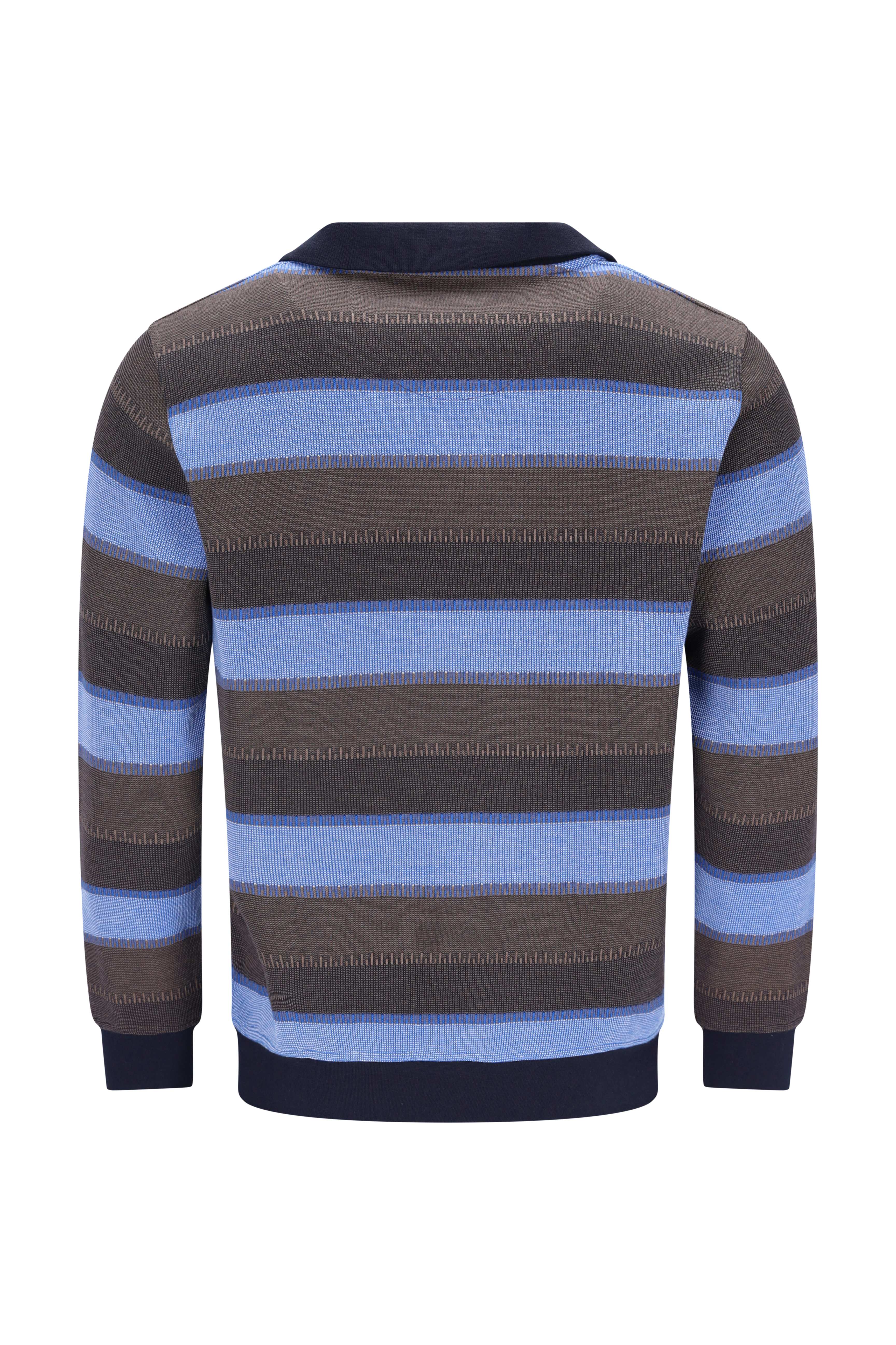 Men’s troyersweatshirt mit langenärmeln in bewegtem pfauenaugendessin braun und hellblau mit navy-rippkragen, bündchen und saum
