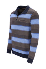 Herren langarm Troyersweatshirt mit quarter-zip und horizontalen streifen in blau und braun mit navy kragen und bündchen