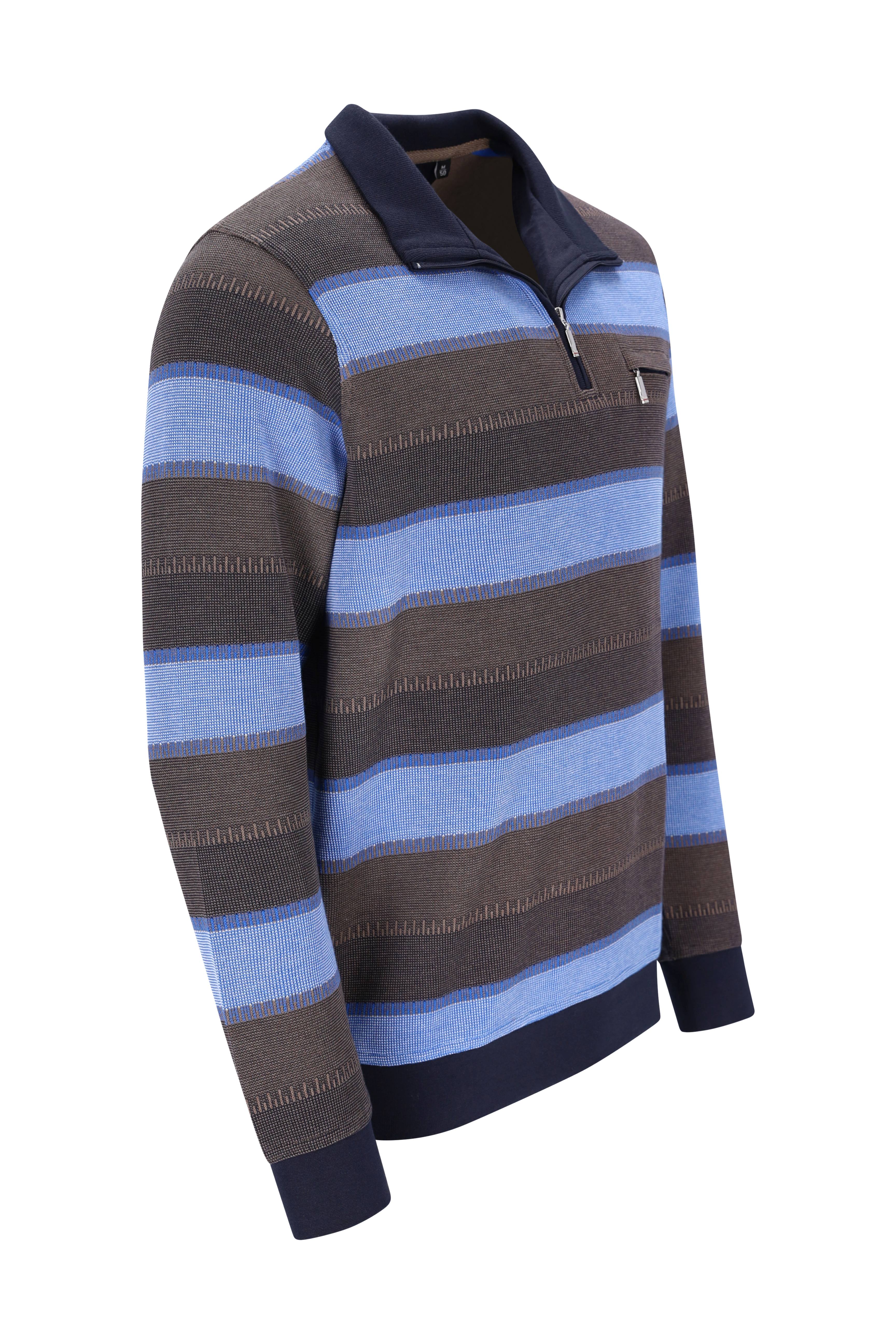 Herren Troyersweatshirt mit bewegtem Pfauenaugendessin, langarm, viertelreißverschluss, blau und braune Streifen