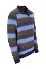 Herren Troyersweatshirt mit bewegtem Pfauenaugendessin, langarm, viertelreißverschluss, blau und braune Streifen