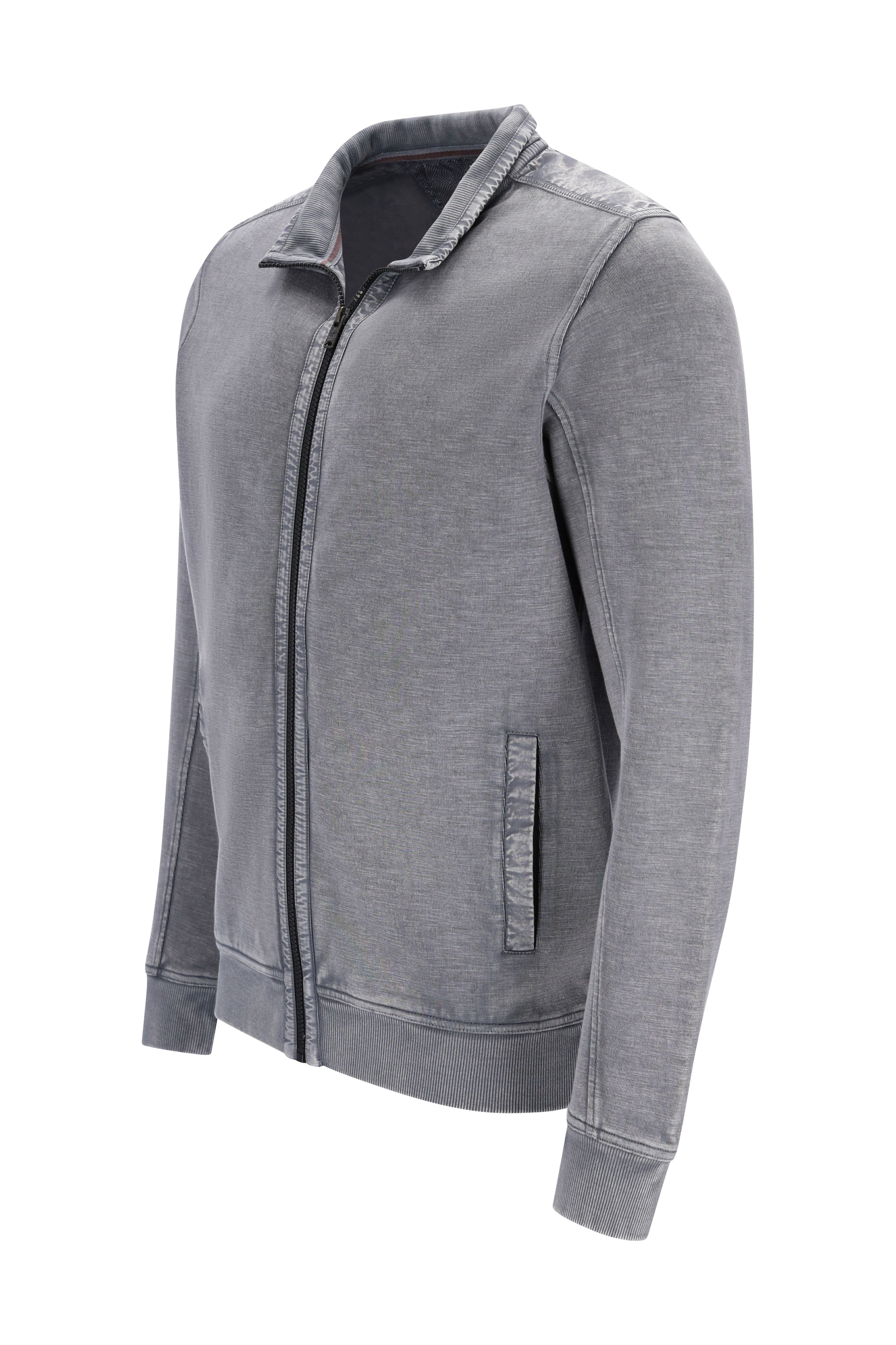 Graue sweatjacke in slubgarn mit reißverschluss und gerippten bündchen an ärmeln und saum
