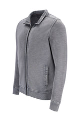 Graue sweatjacke in slubgarn mit reißverschluss und gerippten bündchen an ärmeln und saum
